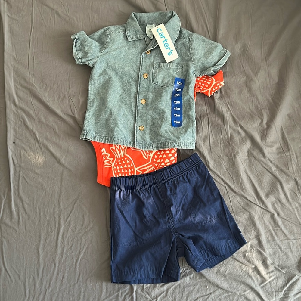Baby boy 12 month 3 piece set. Shorts,T-shirt onesie and button shirt